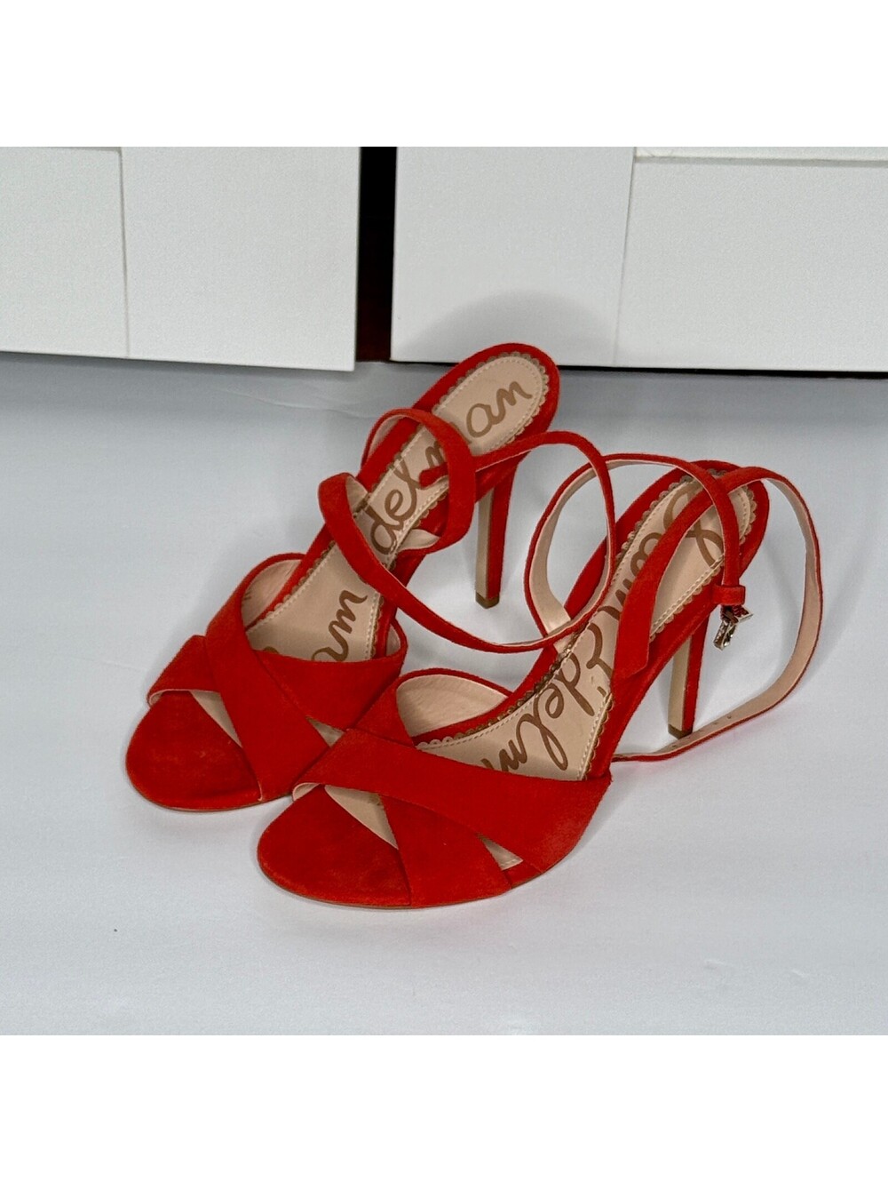 Sam Edelman Red Suede Strappy Ankle Tie Stiletto Heels Open Toe Women's Size 8